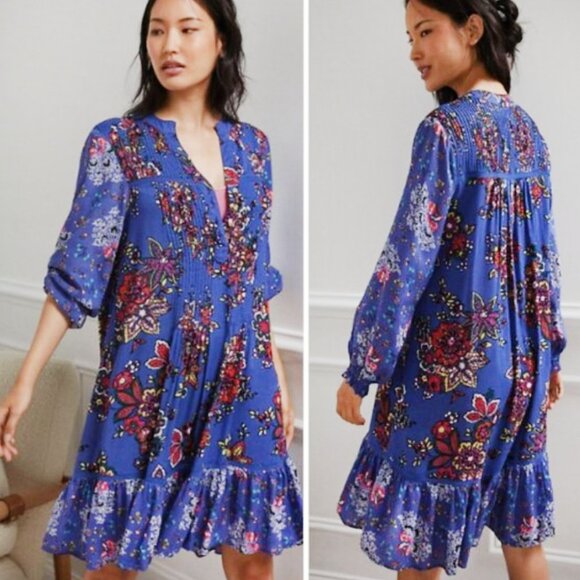 ANTHROPOLOGIE PINTUCK FLORAL COTTAGE BlOOM CORE TUNIC DRESS BOHO SIZE XS - Picture 2 of 8